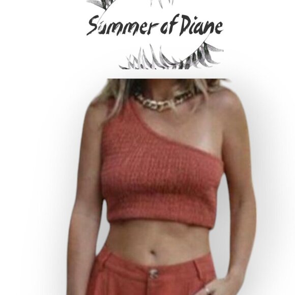 ASOS Summer Of Diane x Vici one-shoulder crinkly top in terracotta NWT size L - Picture 1 of 11